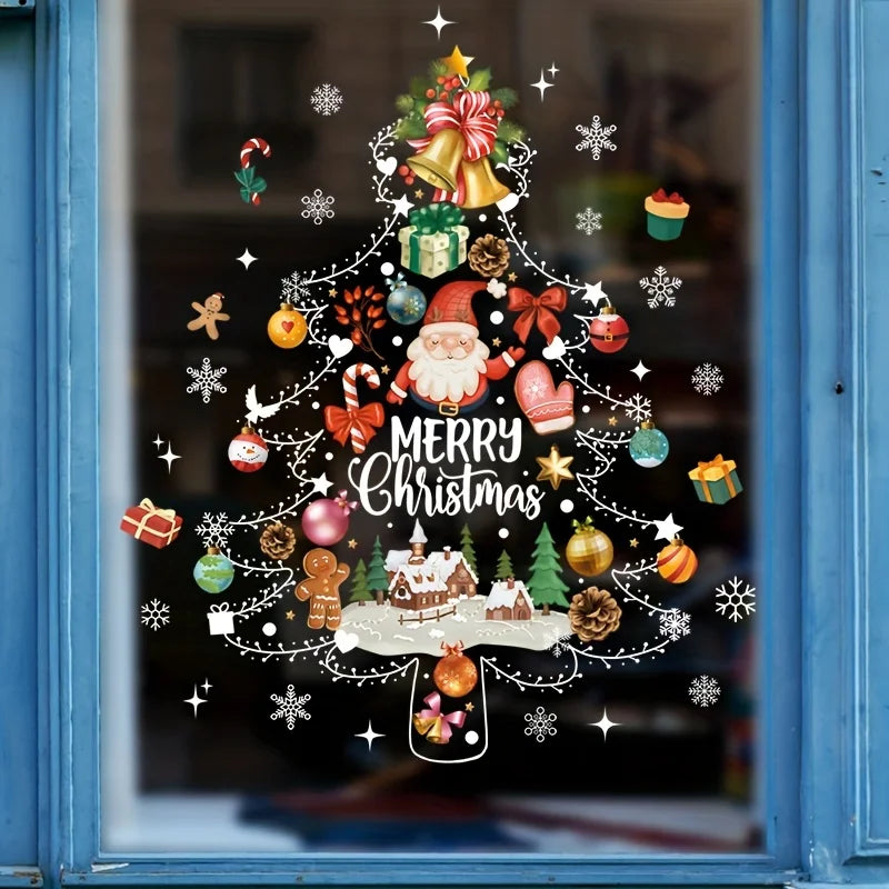 Christmas Tree Window Sticker with Merry Christmas Text Static Cling Removable Decal for Holiday Home Decor, Easy Peel & Apply