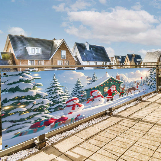 1 Christmas banner - Santa Claus, Snowman and Reindeer Hut Winter Wonderland scene - Heavy holiday decorations
