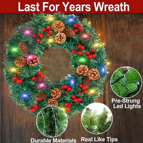 24 - Inch Christmas Wreath. Unlit, Yellow - Lit, Colorful - Lit Styles