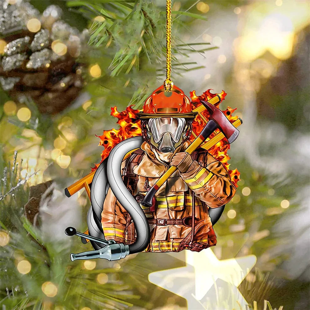 Christmas Tree Ornament Fire-themed Home Decoration Acrylic Keychain Personalized Firefighter Pendant For Gift For Firefighters