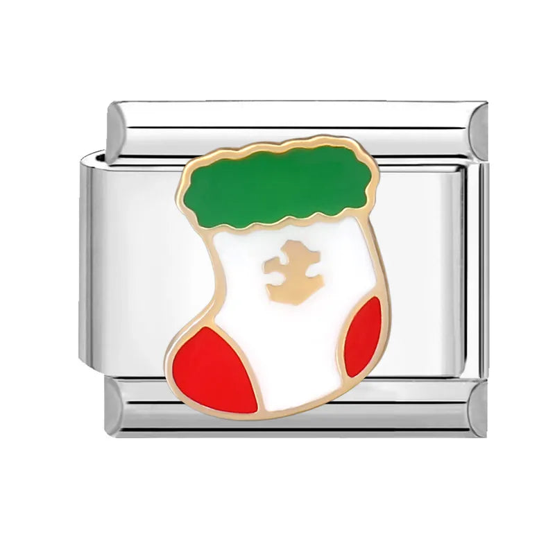 2024 Christmas Tree Santa Claus Socks Snowman Italian Charm Link Stainless Steel Fit 9mm Italian Chain Bracelet DIY Xmas Gift