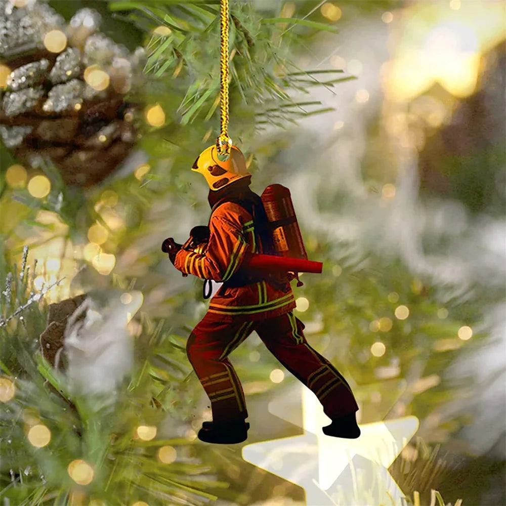 Christmas Tree Ornament Fire-themed Home Decoration Acrylic Keychain Personalized Firefighter Pendant For Gift For Firefighters
