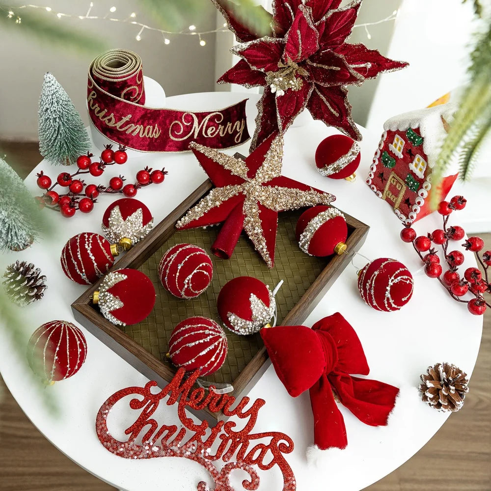 Christmas Tree Red Decorations Flocking Xmas Tree Top Star Bow Flower Burgundy Sequined Christmas Balls New Year Party Decors