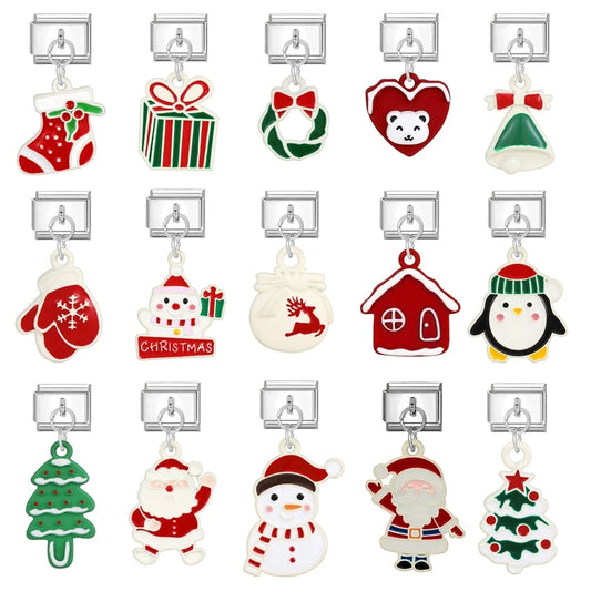 2024 Christmas Tree Santa Claus Socks Snowman Italian Charm Link Stainless Steel Fit 9mm Italian Chain Bracelet DIY Xmas Gift