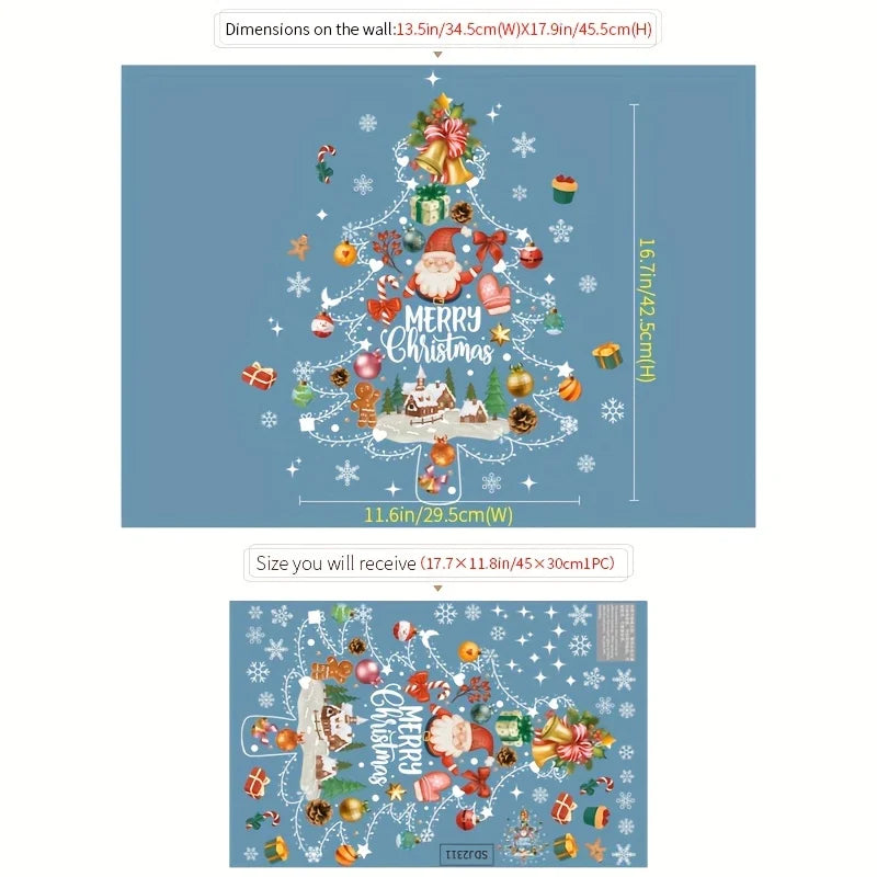Christmas Tree Window Sticker with Merry Christmas Text Static Cling Removable Decal for Holiday Home Decor, Easy Peel & Apply