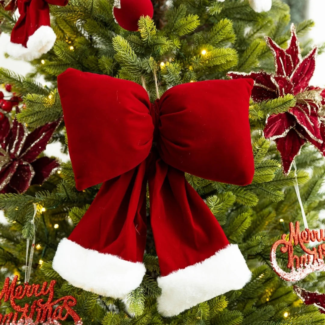 Christmas Tree Red Decorations Flocking Xmas Tree Top Star Bow Flower Burgundy Sequined Christmas Balls New Year Party Decors