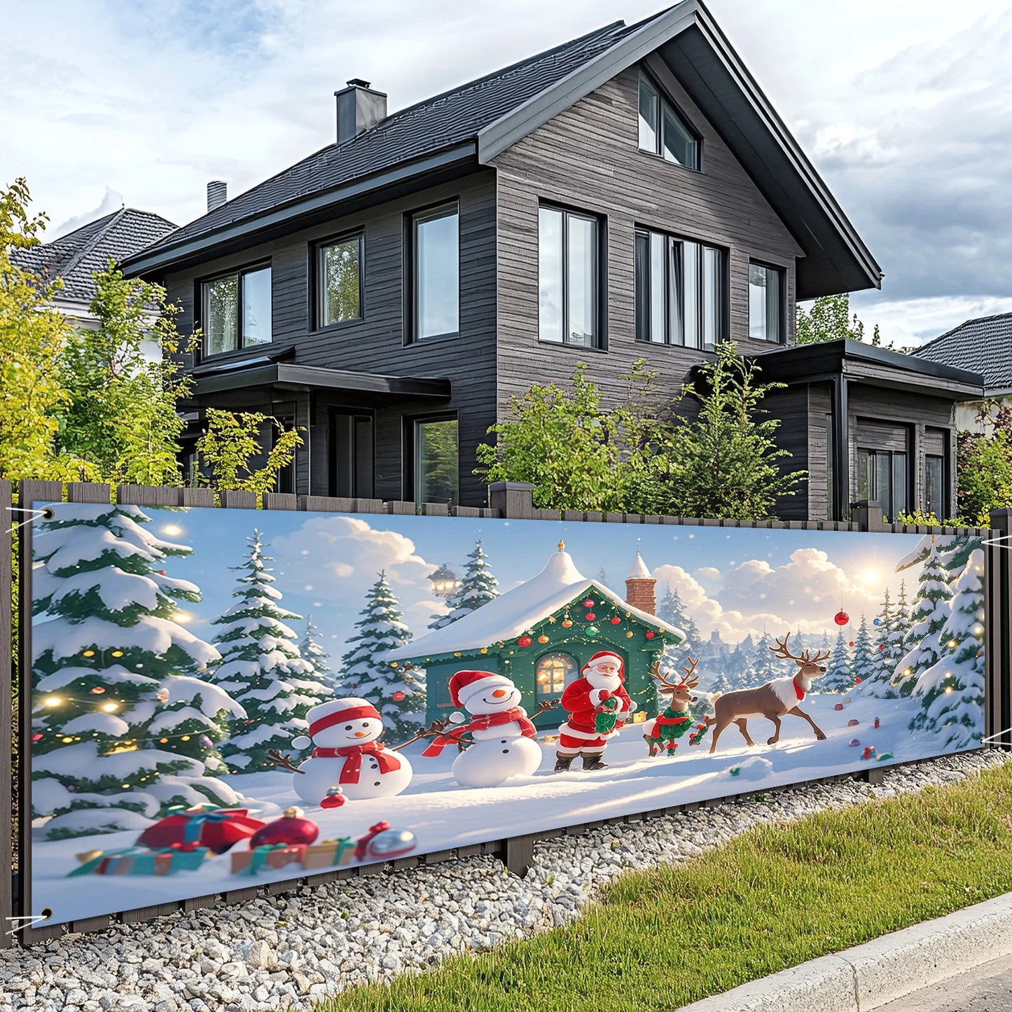 1 Christmas banner - Santa Claus, Snowman and Reindeer Hut Winter Wonderland scene - Heavy holiday decorations