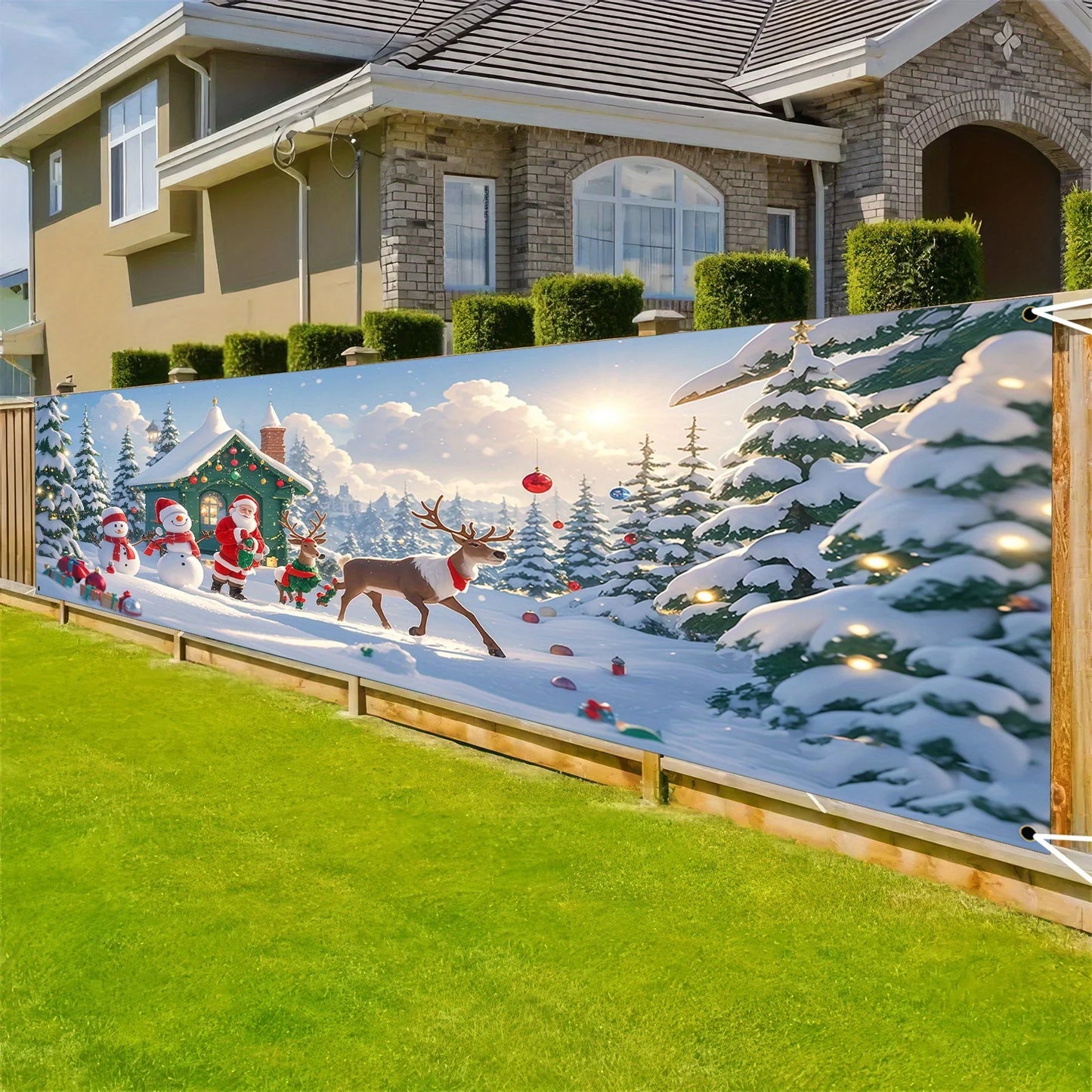 1 Christmas banner - Santa Claus, Snowman and Reindeer Hut Winter Wonderland scene - Heavy holiday decorations