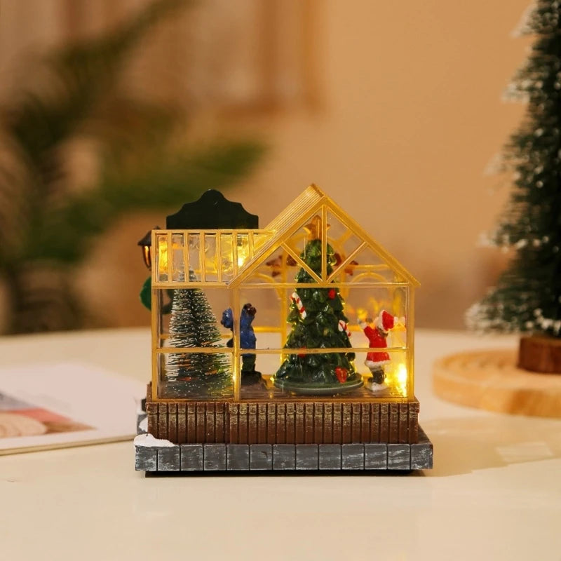 Christmas Musical Greenhouse Ornament with LED Lighting and Rotating Tree Figurines Statue Animated Village Ornament