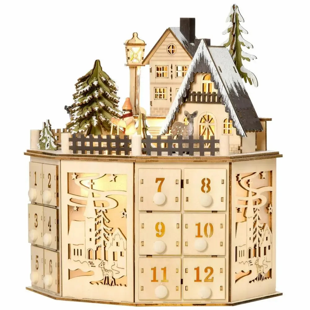 Christmas Wooden Advent Calendar with LED Light & Music Countdown Calendar with 24 Storage Drawers for Xmas Party Decorations