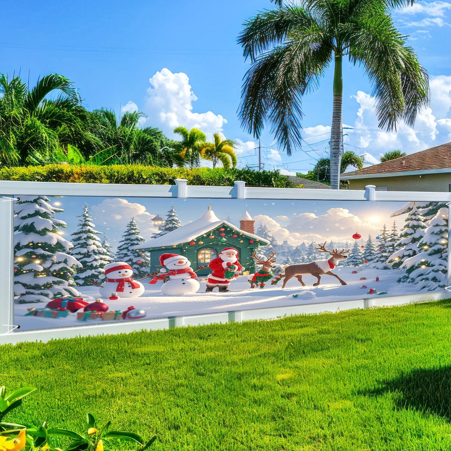 1 Christmas banner - Santa Claus, Snowman and Reindeer Hut Winter Wonderland scene - Heavy holiday decorations