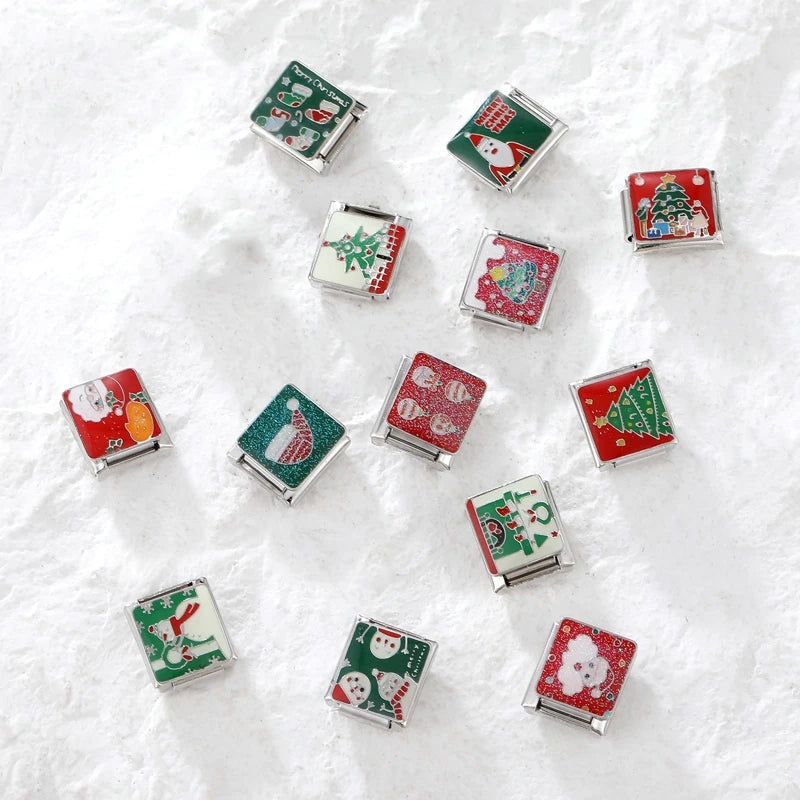 2024 Christmas Tree Santa Claus Socks Snowman Italian Charm Link Stainless Steel Fit 9mm Italian Chain Bracelet DIY Xmas Gift