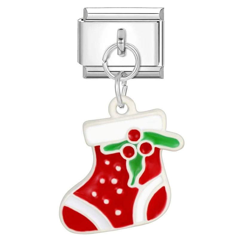 2024 Christmas Tree Santa Claus Socks Snowman Italian Charm Link Stainless Steel Fit 9mm Italian Chain Bracelet DIY Xmas Gift