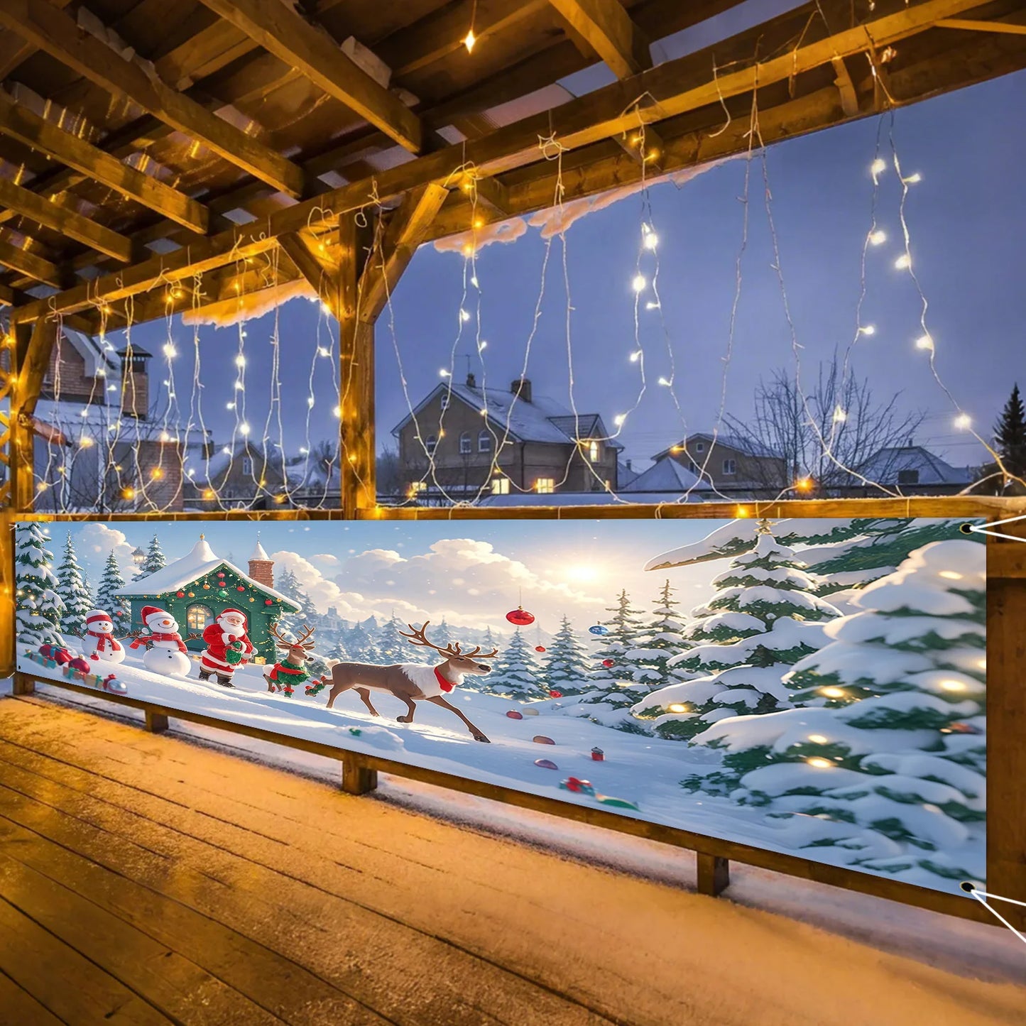 1 Christmas banner - Santa Claus, Snowman and Reindeer Hut Winter Wonderland scene - Heavy holiday decorations
