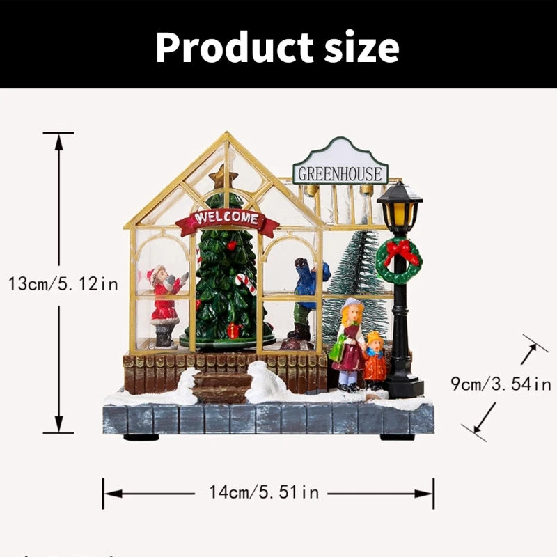 Christmas Musical Greenhouse Ornament with LED Lighting and Rotating Tree Figurines Statue Animated Village Ornament