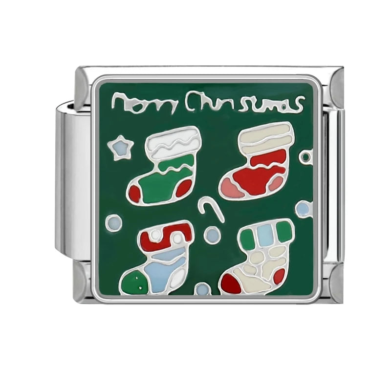 2024 Christmas Tree Santa Claus Socks Snowman Italian Charm Link Stainless Steel Fit 9mm Italian Chain Bracelet DIY Xmas Gift