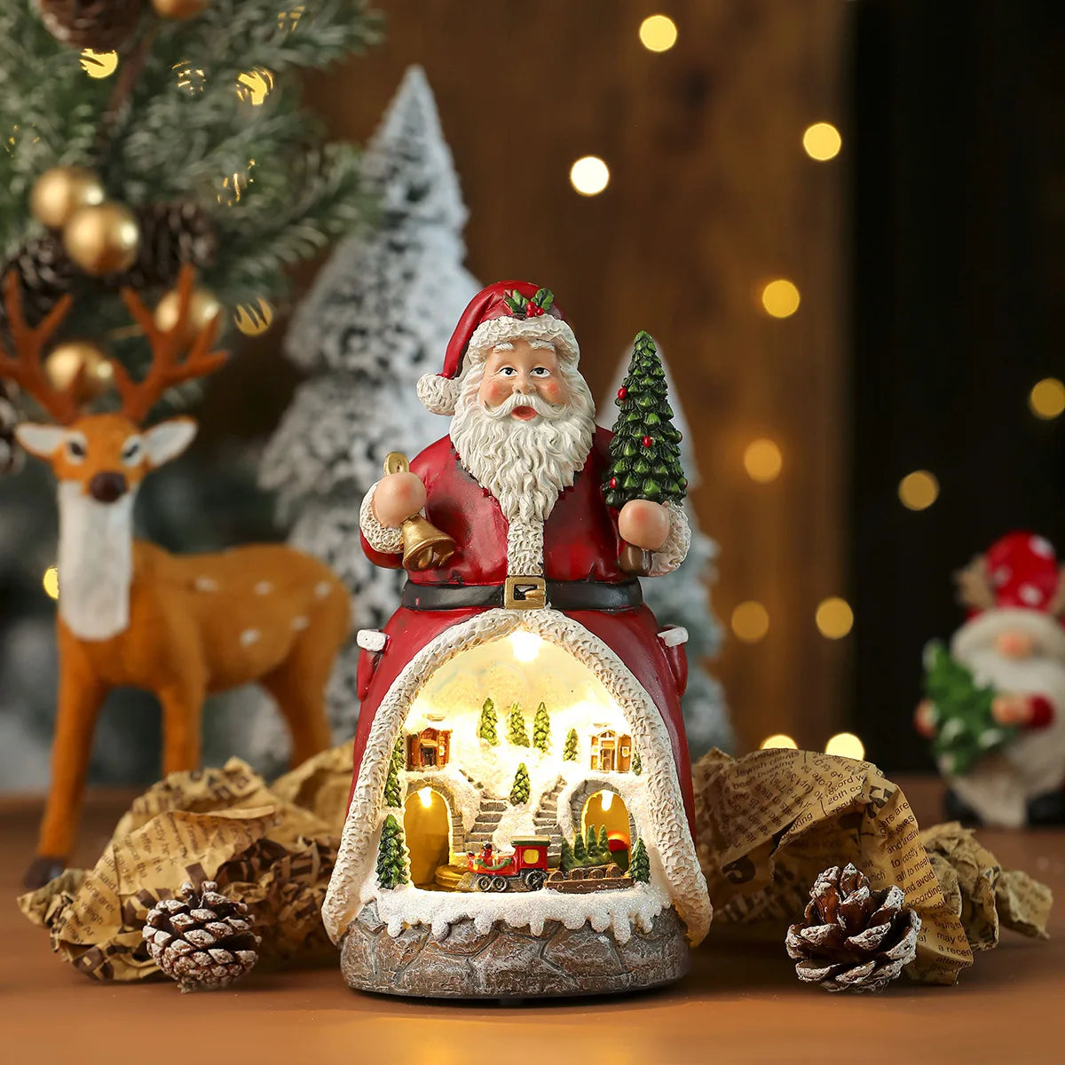 Christmas Resin Rotating Decorations LED Lights Multifunctional Old Man Music Box Christmas Gift Ornaments Kids Toy Dropshipping