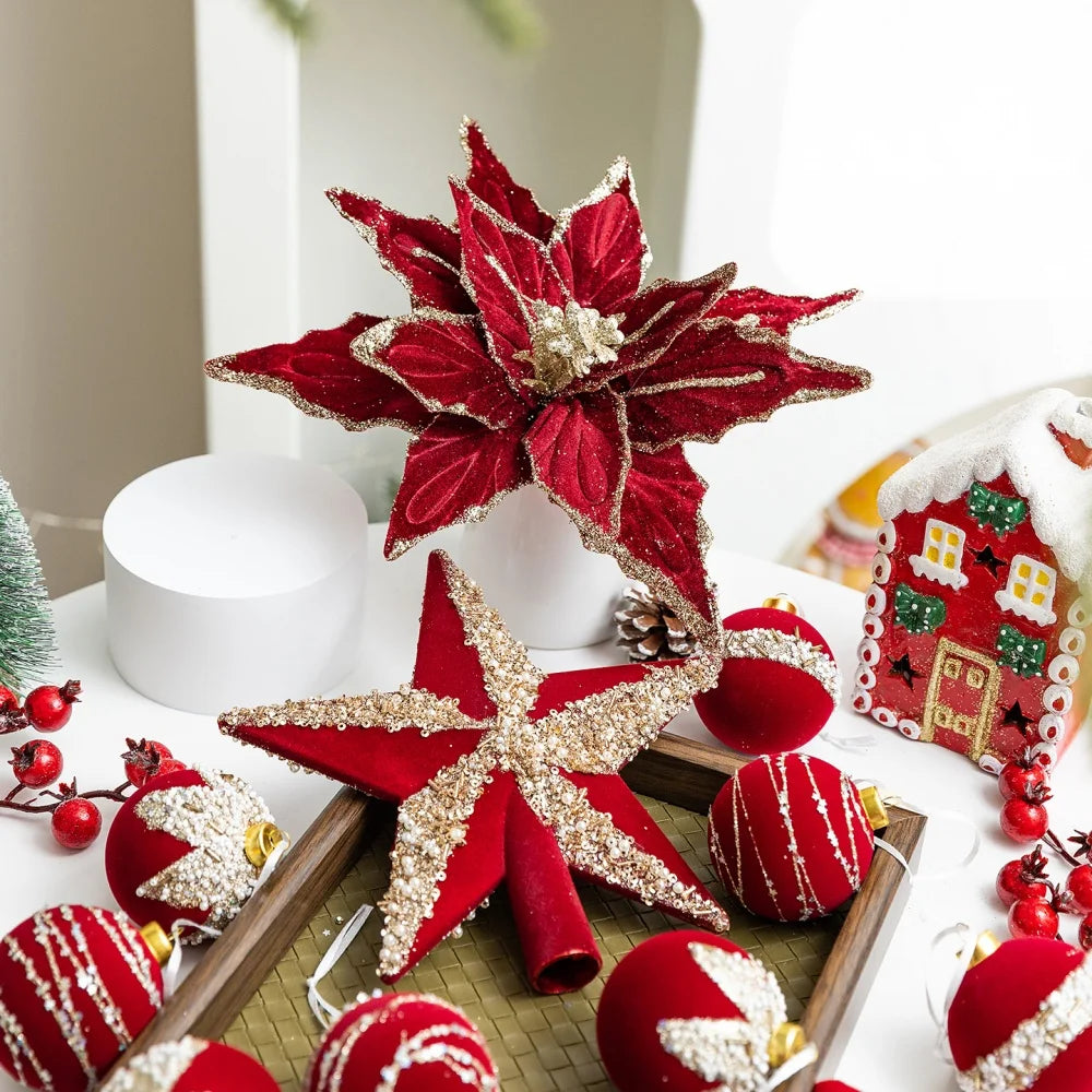 Christmas Tree Red Decorations Flocking Xmas Tree Top Star Bow Flower Burgundy Sequined Christmas Balls New Year Party Decors