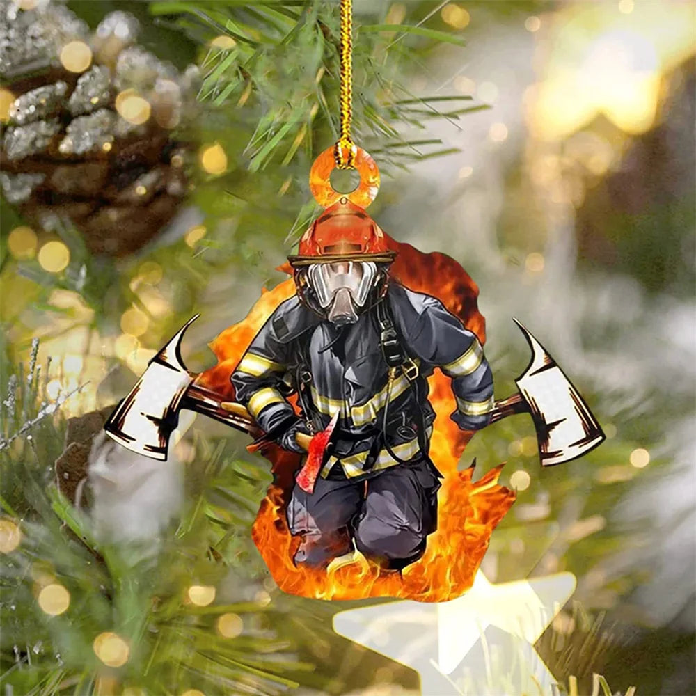 Christmas Tree Ornament Fire-themed Home Decoration Acrylic Keychain Personalized Firefighter Pendant For Gift For Firefighters
