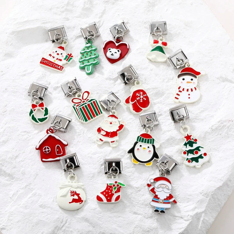 2024 Christmas Tree Santa Claus Socks Snowman Italian Charm Link Stainless Steel Fit 9mm Italian Chain Bracelet DIY Xmas Gift