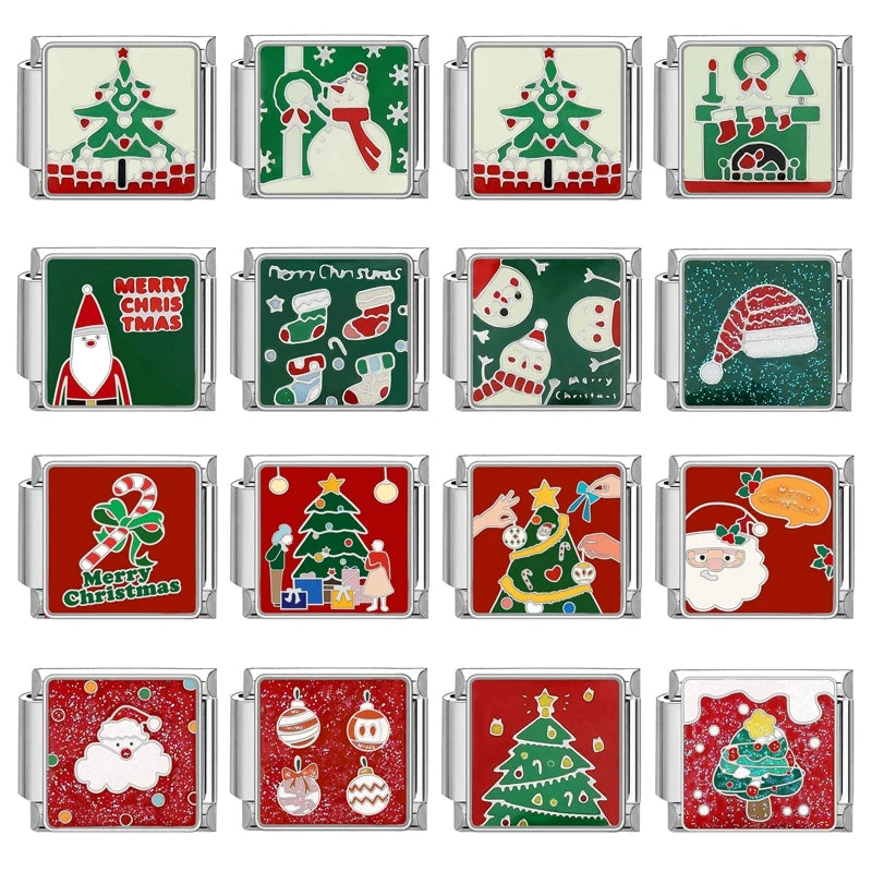 2024 Christmas Tree Santa Claus Socks Snowman Italian Charm Link Stainless Steel Fit 9mm Italian Chain Bracelet DIY Xmas Gift