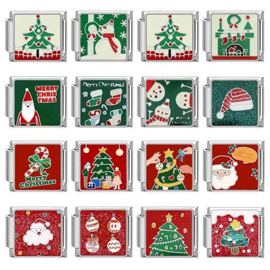 2024 Christmas Tree Santa Claus Socks Snowman Italian Charm Link Stainless Steel Fit 9mm Italian Chain Bracelet DIY Xmas Gift